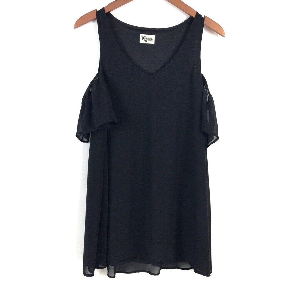 Show Me Your Mumu Dress XS Black Tunic Chiffon Lined Cold Shoulder Ruffle Birdie